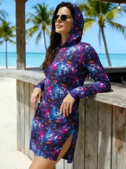 Cover Ups Blue Camouflage Long Sleeves Sheer Short Dress Mini Summer Beach Swimwear