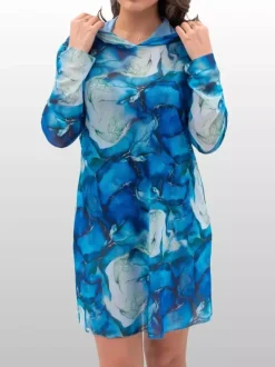 Cover Ups Blue Camouflage Long Sleeves Sheer Short Dress Mini Summer Beach Swimwear