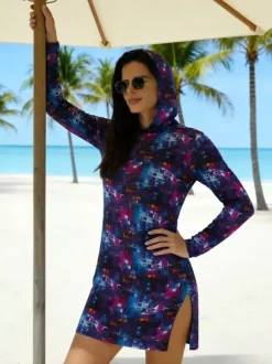 Cover Ups Blue Camouflage Long Sleeves Sheer Short Dress Mini Summer Beach Swimwear