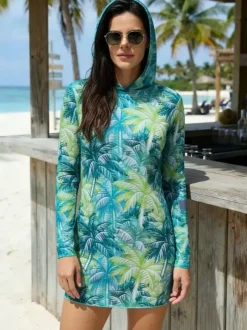 Cover Ups Blue Camouflage Long Sleeves Sheer Short Dress Mini Summer Beach Swimwear