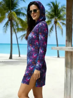 Cover Ups Blue Camouflage Long Sleeves Sheer Short Dress Mini Summer Beach Swimwear