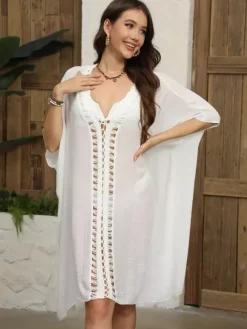 Cover Ups Crochet Short Sleeves V-Neck Sweet Black Beach Swimming Suits