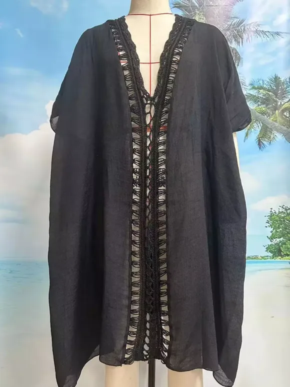 Cover Ups Crochet Short Sleeves V-Neck Sweet Black Beach Swimming Suits