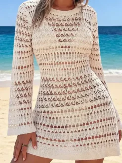 Cover Ups For Women Apricot Cut Out Jewel Neck Summer Beach Swimwear