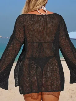 Cover Ups For Women Black Cut Out Long Sleeves Summer Sexy Swimwear