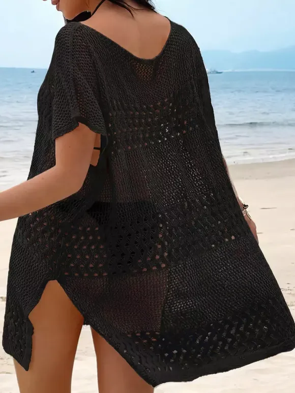 Cover Ups For Women Khaki Knitted V-Neck Short Sleeves Summer Sexy Swimwear