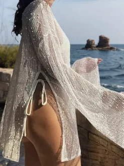 Cover Ups For Women White Cut Out Long Sleeves Summer Beach Bathing Suits