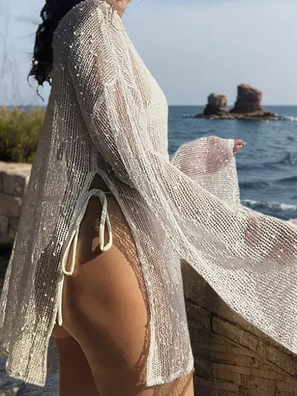 Cover Ups For Women White Cut Out Long Sleeves Summer Beach Bathing Suits