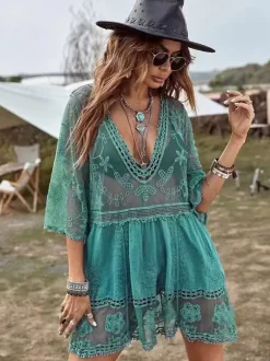 Cover Ups For Women Yellow 3/4 Length Sleeves Summer Beach Bathing Suits
