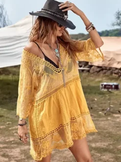 Cover Ups For Women Yellow 3/4 Length Sleeves Summer Beach Bathing Suits