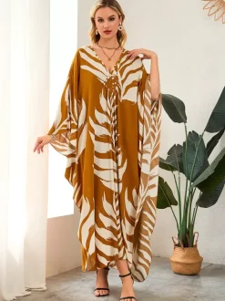 Cover Ups Maxi Dresses Oversized Long Sleeves Leopard Print V-Neck Batwing Sleeves Casual Colored Beach Swimwear