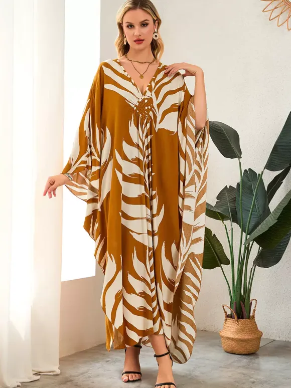 Cover Ups Maxi Dresses Oversized Long Sleeves Leopard Print V-Neck Batwing Sleeves Casual Colored Beach Swimwear