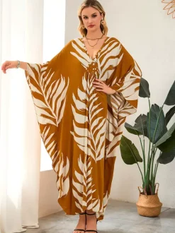 Cover Ups Maxi Dresses Oversized Long Sleeves Leopard Print V-Neck Batwing Sleeves Casual Colored Beach Swimwear
