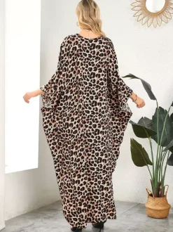 Cover Ups Maxi Dresses Oversized Long Sleeves Leopard Print V-Neck Batwing Sleeves Casual Colored Beach Swimwear