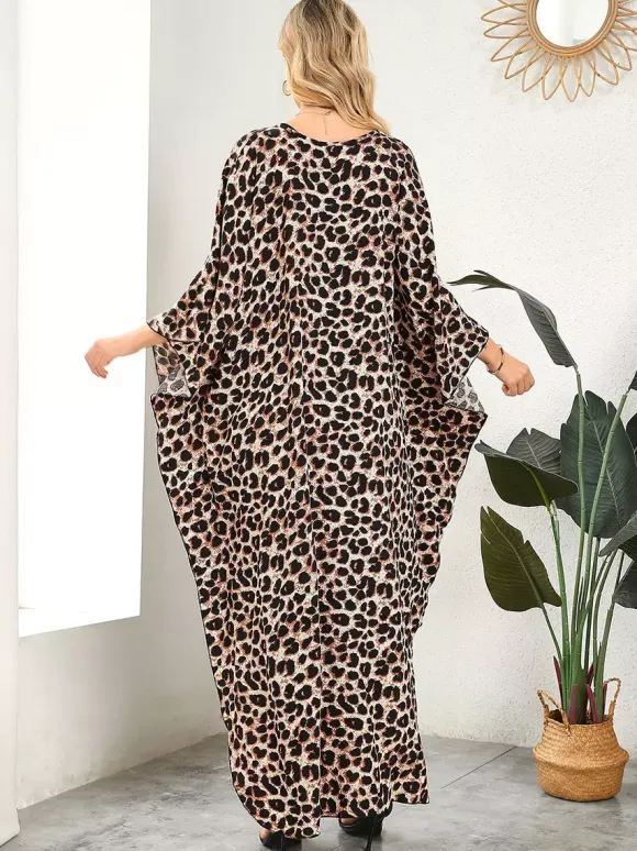 Cover Ups Maxi Dresses Oversized Long Sleeves Leopard Print V-Neck Batwing Sleeves Casual Colored Beach Swimwear