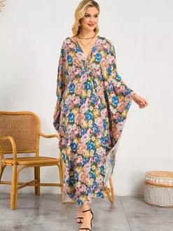 Cover Ups Maxi Dresses Oversized Long Sleeves Leopard Print V-Neck Batwing Sleeves Casual Colored Beach Swimwear