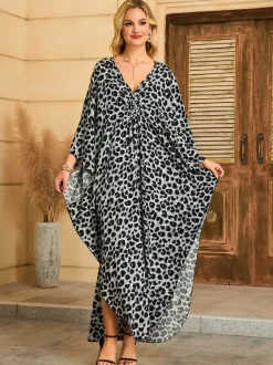 Cover Ups Maxi Dresses Oversized Long Sleeves Leopard Print V-Neck Batwing Sleeves Casual Colored Beach Swimwear