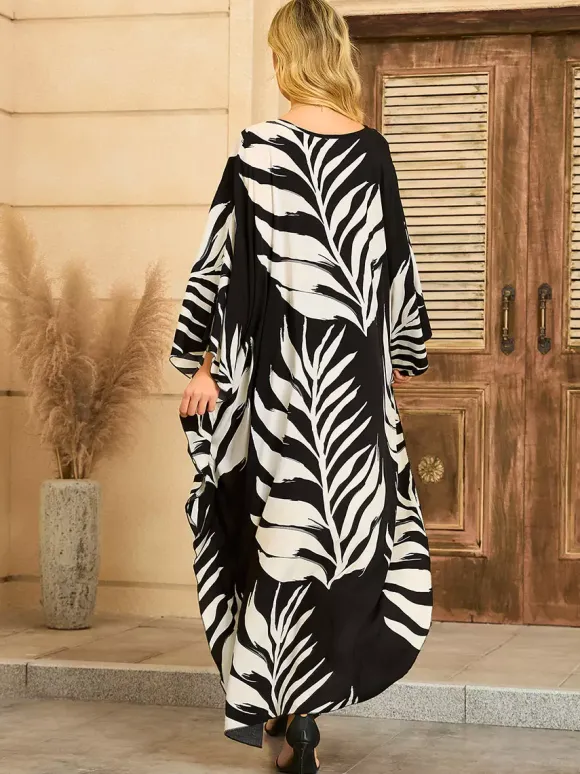 Cover Ups Maxi Dresses Oversized Long Sleeves Leopard Print V-Neck Batwing Sleeves Casual Colored Beach Swimwear