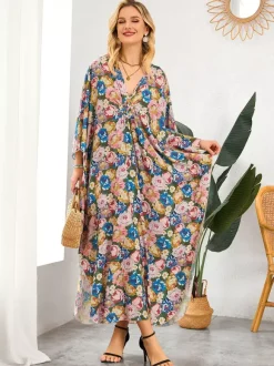 Cover Ups Maxi Dresses Oversized Long Sleeves Leopard Print V-Neck Batwing Sleeves Casual Colored Beach Swimwear