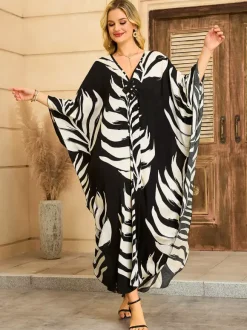 Cover Ups Maxi Dresses Oversized Long Sleeves Leopard Print V-Neck Batwing Sleeves Casual Colored Beach Swimwear