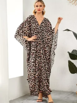 Cover Ups Maxi Dresses Oversized Long Sleeves Leopard Print V-Neck Batwing Sleeves Casual Colored Beach Swimwear
