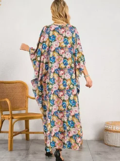 Cover Ups Maxi Dresses Oversized Long Sleeves Leopard Print V-Neck Batwing Sleeves Casual Colored Beach Swimwear