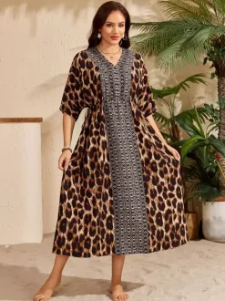 Cover Ups Maxi Dresses Oversized Drawstring Half Sleeves V-Neck Casual Green Beach Swimwear