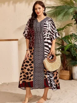 Cover Ups Maxi Dresses Oversized Drawstring Half Sleeves V-Neck Casual Green Beach Swimwear