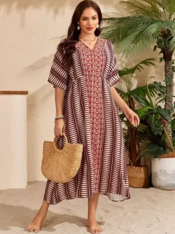 Cover Ups Maxi Dresses Oversized Drawstring Half Sleeves V-Neck Casual Green Beach Swimwear