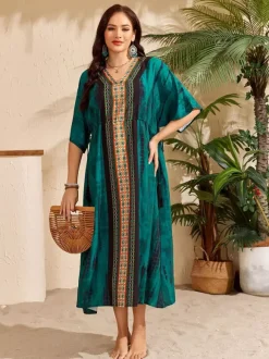 Cover Ups Maxi Dresses Oversized Drawstring Half Sleeves V-Neck Casual Green Beach Swimwear