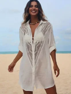 Cover Ups Midi Dress Cut Out Oversized Cotton Sexy Turndown Collar Half Sleeves Summer Beach Swimwear