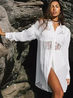 Cover Ups Midi Dress Cut Out Oversized Cotton Sexy Turndown Collar Half Sleeves Summer Beach Swimwear