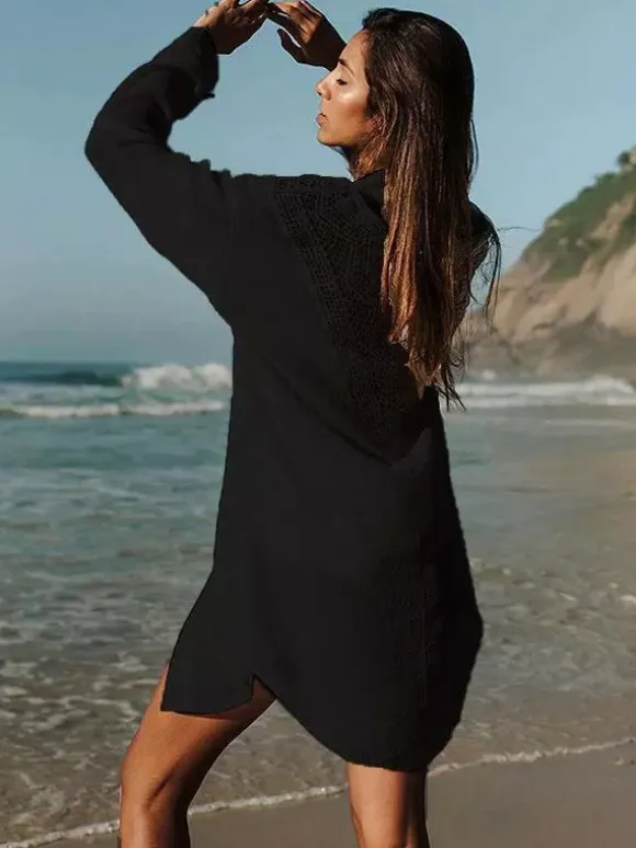 Cover Ups Midi Dress Cut Out Oversized Cotton Sexy Turndown Collar Half Sleeves Summer Beach Swimwear