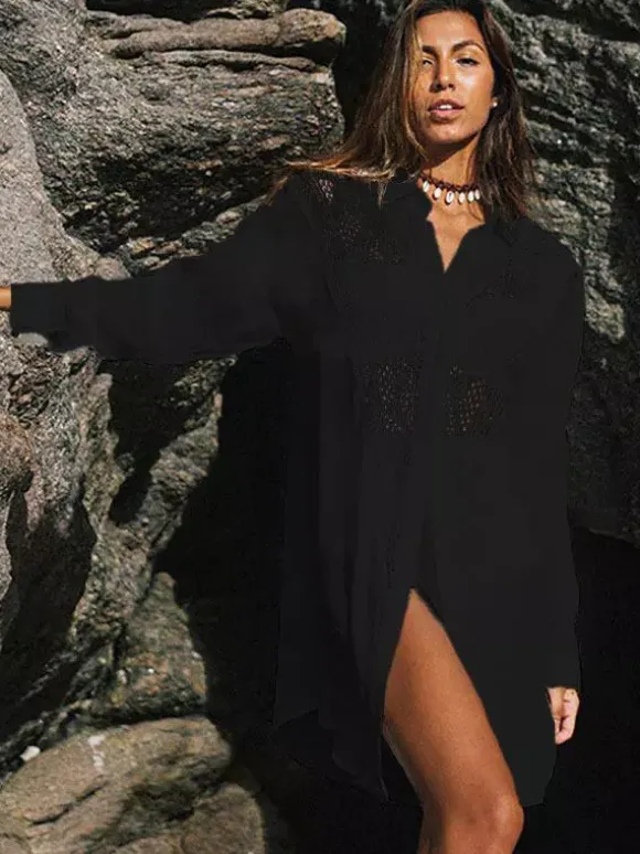 Cover Ups Midi Dress Cut Out Oversized Cotton Sexy Turndown Collar Half Sleeves Summer Beach Swimwear