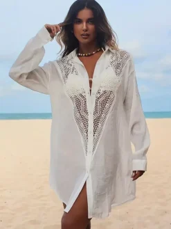 Cover Ups Midi Dress Cut Out Oversized Cotton Sexy Turndown Collar Half Sleeves Summer Beach Swimwear