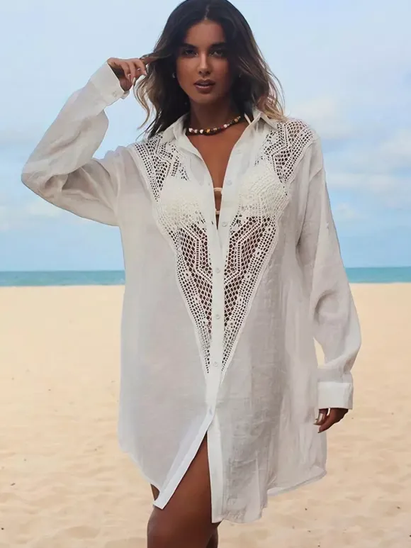 Cover Ups Midi Dress Cut Out Oversized Cotton Sexy Turndown Collar Half Sleeves Summer Beach Swimwear