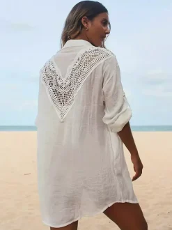 Cover Ups Midi Dress Cut Out Oversized Cotton Sexy Turndown Collar Half Sleeves Summer Beach Swimwear