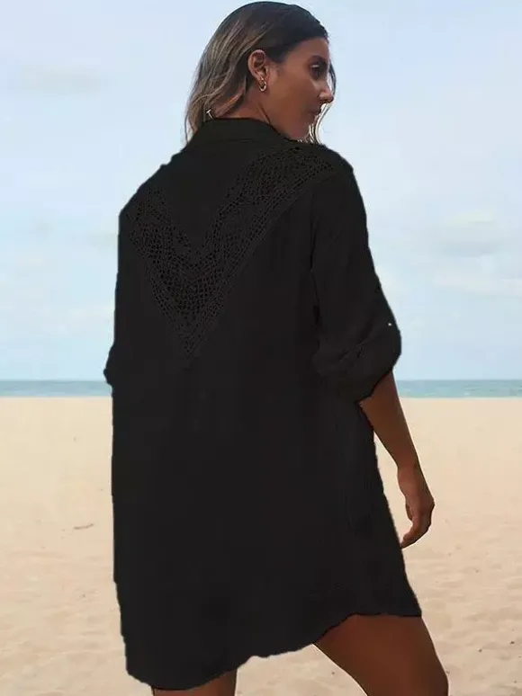 Cover Ups Midi Dress Cut Out Oversized Cotton Sexy Turndown Collar Half Sleeves Summer Beach Swimwear