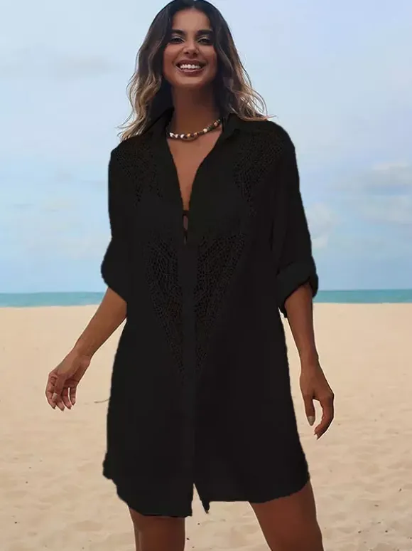 Cover Ups Midi Dress Cut Out Oversized Cotton Sexy Turndown Collar Half Sleeves Summer Beach Swimwear