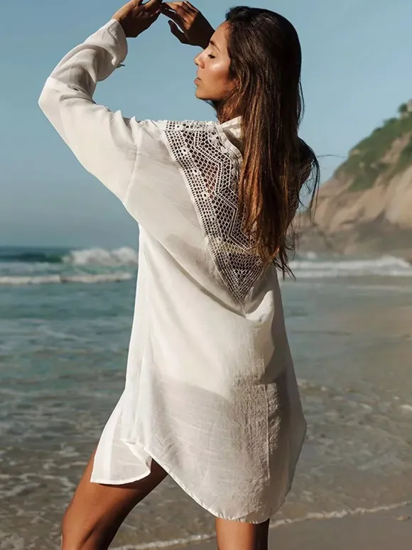 Cover Ups Midi Dress Cut Out Oversized Cotton Sexy Turndown Collar Half Sleeves Summer Beach Swimwear