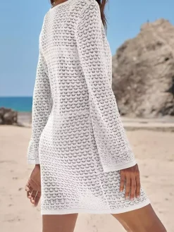 Cover Ups Mini Dresses Shaping Long Sleeves Scoop Neck Athletic Black Summer Beach Swimwear
