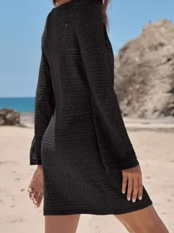 Cover Ups Mini Dresses Shaping Long Sleeves Scoop Neck Athletic Black Summer Beach Swimwear