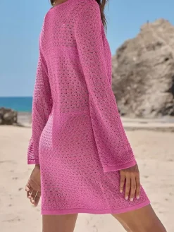 Cover Ups Mini Dresses Shaping Long Sleeves Scoop Neck Athletic Black Summer Beach Swimwear