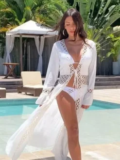 Cover Ups Ruffled Cut Out Lace Long Sleeves Sexy White Summer Beach Swimwear