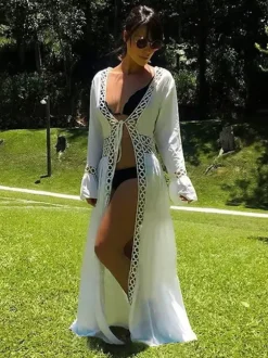 Cover Ups Ruffled Cut Out Lace Long Sleeves Sexy White Summer Beach Swimwear