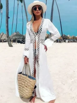 Cover Ups Ruffled Cut Out Lace Long Sleeves Sexy White Summer Beach Swimwear