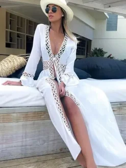 Cover Ups Ruffled Cut Out Lace Long Sleeves Sexy White Summer Beach Swimwear