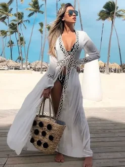 Cover Ups Ruffled Cut Out Lace Long Sleeves Sexy White Summer Beach Swimwear