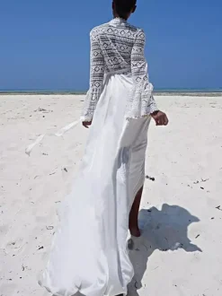 Cover Ups Ruffled Lace Cut Out Long Sleeves Athletic White Summer Beach Swimwear