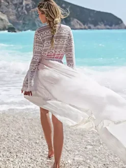 Cover Ups Ruffled Lace Cut Out Long Sleeves Athletic White Summer Beach Swimwear